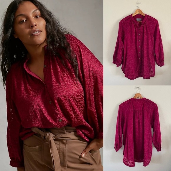 Anthropologie | Susanna Velvet Burnout Magenta Button Down Top, L - Picture 1 of 14